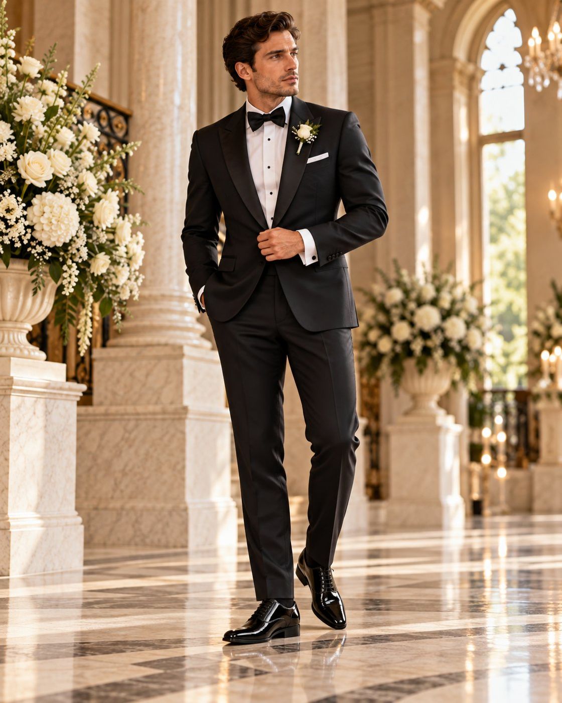 Groom in a black dinner suit wearing black patent Oxfords in a marble hall