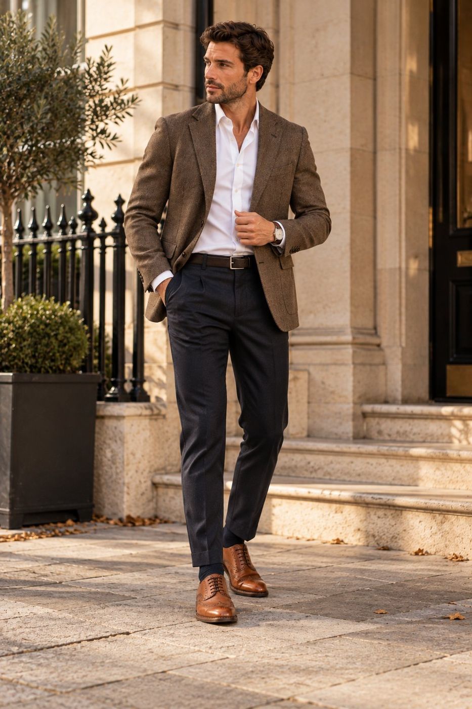 Man in a tweed jacket and navy trousers wearing tan brogues on a city street